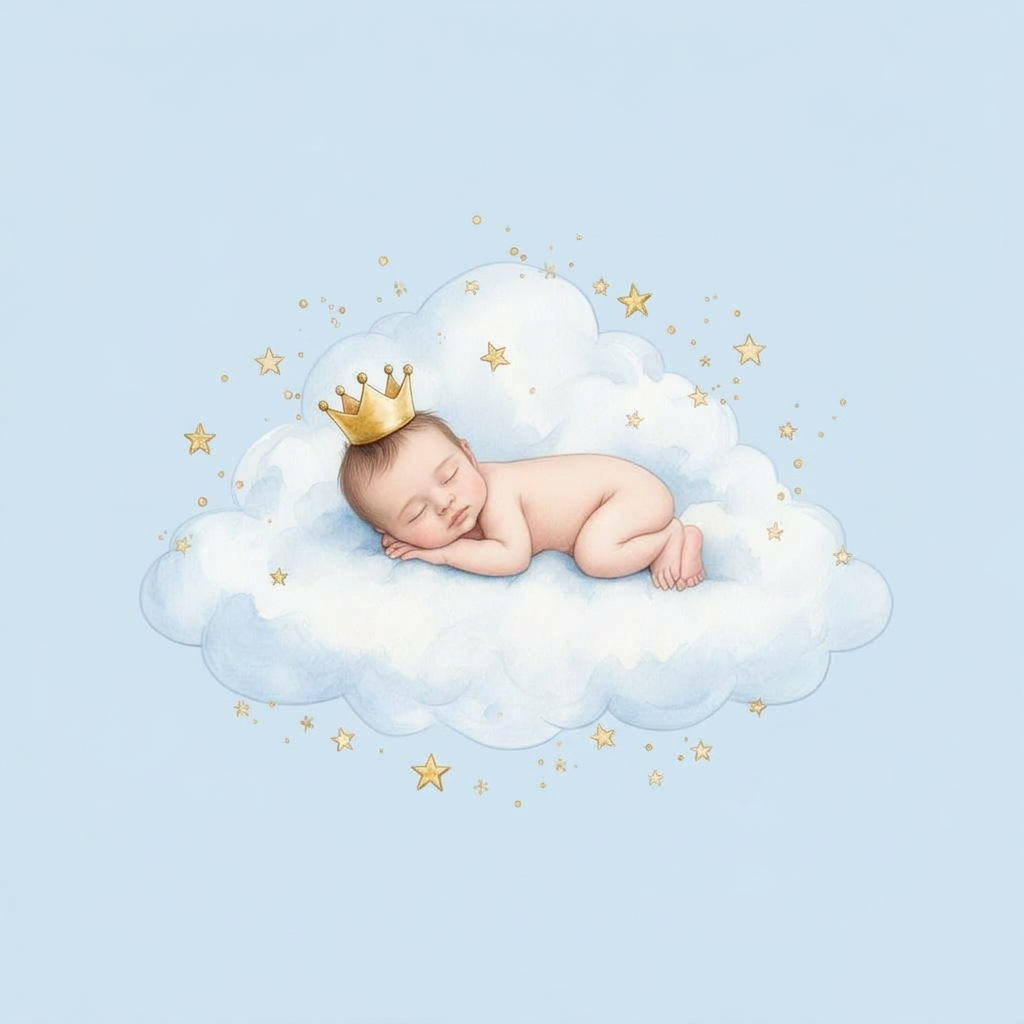 Sleeping baby boy with a little gold crown on a cloud